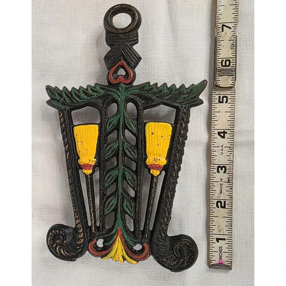 Vintage Cast Iron Trivet Hand Painted Broom Heart Wall Decor Farmhouse Kitchen